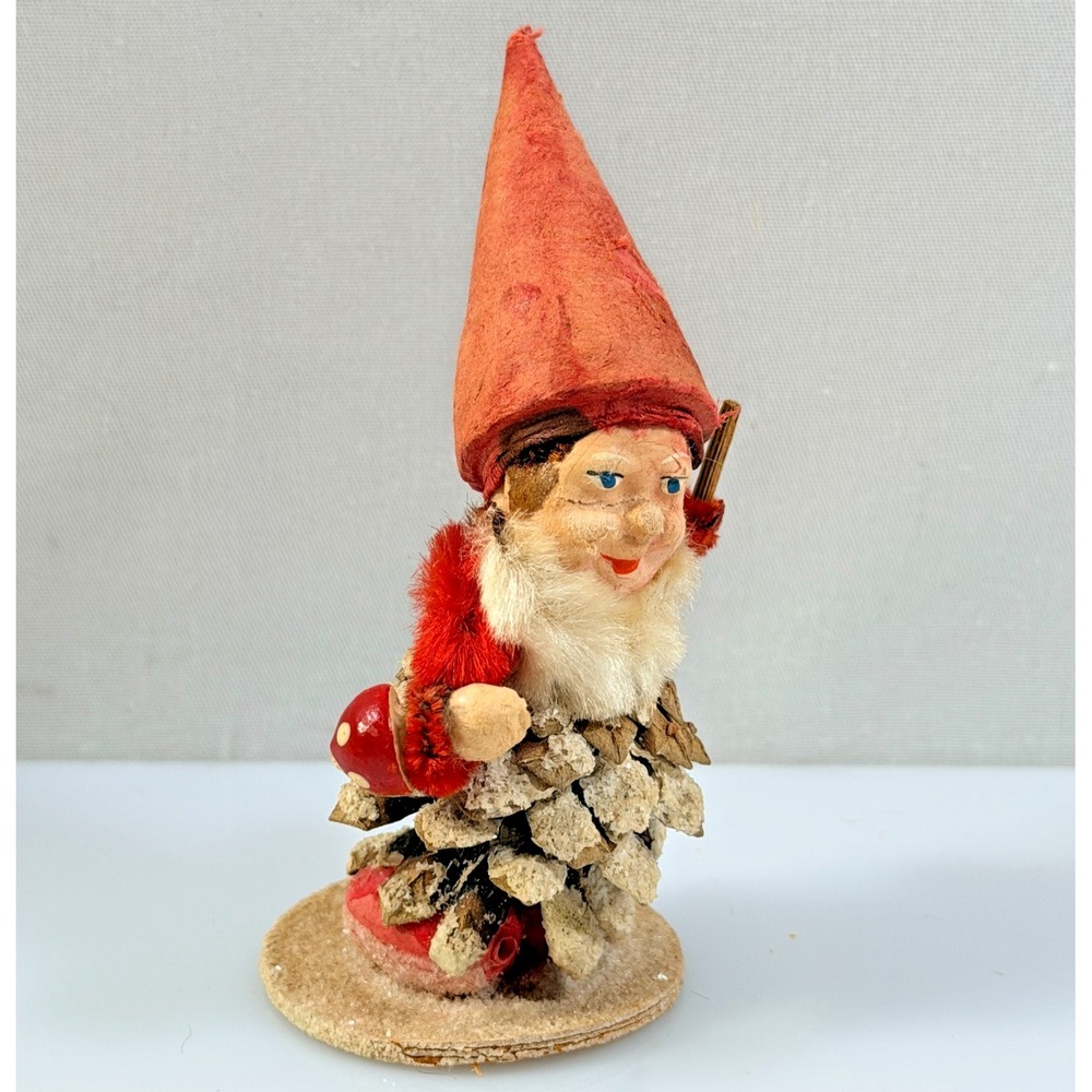 Vintage West Germany Pine Cone Gnome Putz Elf Christmas Figurine Mushroom Cane